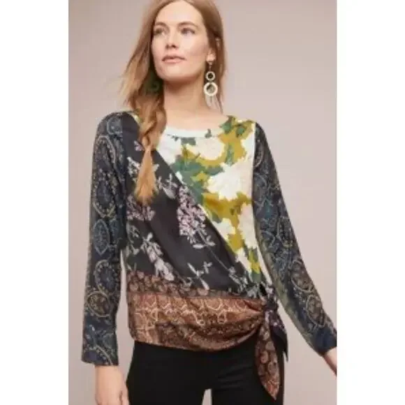 Anthropologie Tiny Mixed Media Blooms Tie Waist Women's Blouse Top Shirt Small - Picture 1 of 10